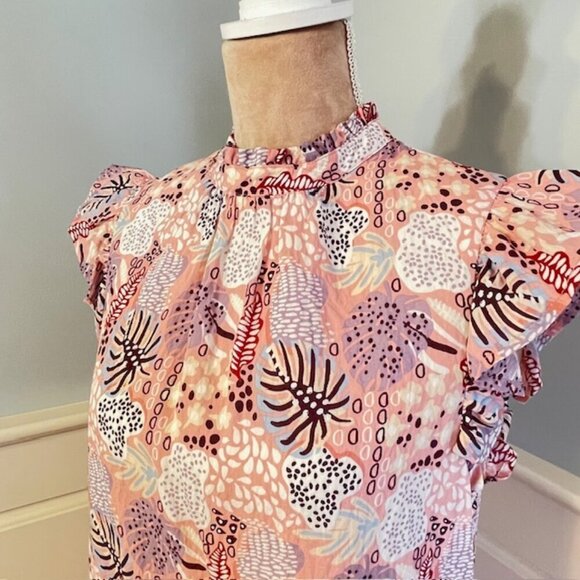 THML Ruffled Flutter Sleeve Tiered Tropical Floral Pink Mini Dress S/M - Picture 5 of 10